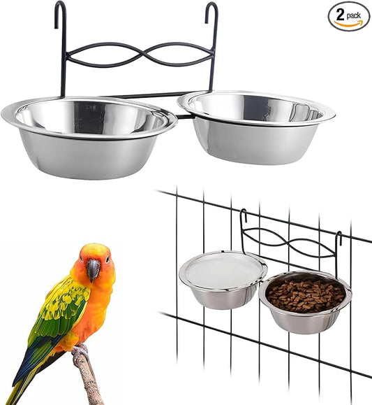 kathson Hanging Bird Bowls for Cage, 2 PCS Stainless Steel Metal Pet Food Water Dishes with Holder Feeder Cage Coop Hook Feeder Cups for Birds, Parrots, Small Sized Dogs and Cats (4.3 Inch Dia)