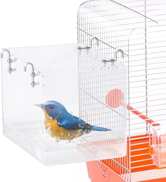 Bird Bath for Cage, Clear Bird Cage Hanging Bath Box, Small Bird Bathing Tub, Bird Cage Accessories for Cockatiel, Conure, Parakeet, Blue (Medium)