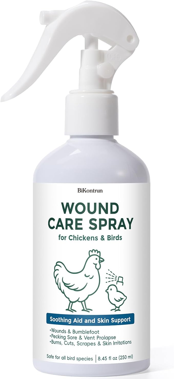 Wound Spray for Chickens and Birds, Poultry Care Spray for Pecking Sores, Bumblefoot, Vent Prolapse, Cuts, Burns & Skin Irritations, Safe for Egg-Laying Hens, Natural Herbal Formula, 8.45 Fl Oz