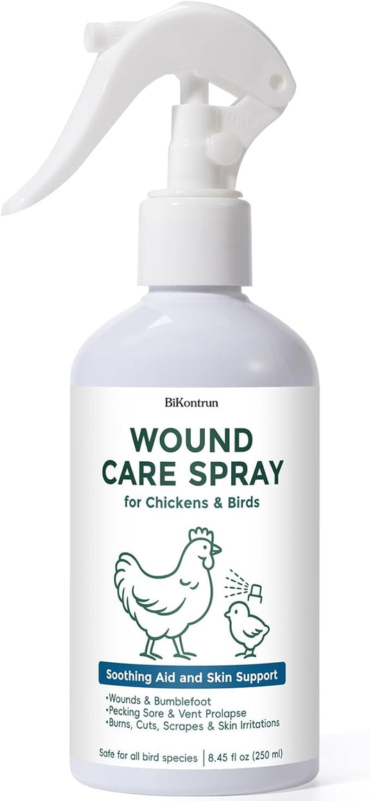Wound Spray for Chickens and Birds, Poultry Care Spray for Pecking Sores, Bumblefoot, Vent Prolapse, Cuts, Burns & Skin Irritations, Safe for Egg-Laying Hens, Natural Herbal Formula, 8.45 Fl Oz