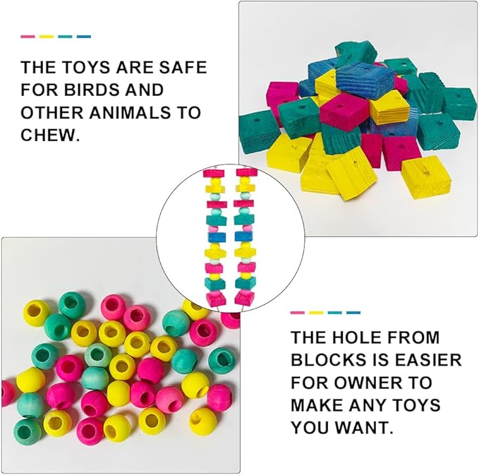 Bird Toys, 100 Pcs Multi-Color DIY Wooden Blocks, Chewing Playing Training Toy for Cockatoos, Macaws, African Grey, Small Medium Parrots