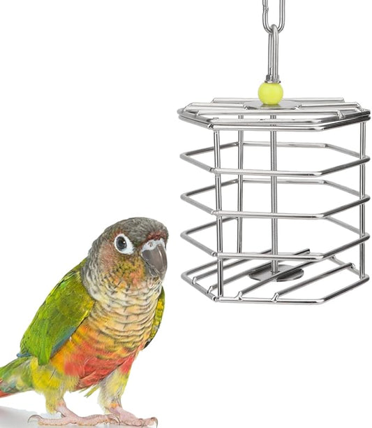 Hypeety Parrot Foraging Feeder, Stainless Steel, 4.09 x 4.09 x 3.85 in, Bird-safe, Dishwasher Safe, Filled with Nuts, Fruit or Veggies