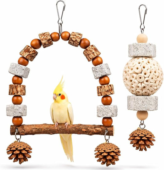 2 Pack Natural Bird Toys Set - Arch Wood Swing & Sola Ball Shreddable Toy - Foraging Hanging Perch with Pine Cones & Pumice Stone Beak Trimmer, Cage Accessories for Cockatiel, Conure, Parakeets
