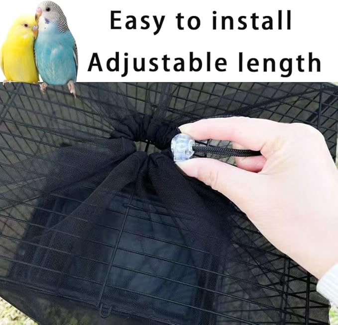 Bird Cage Cover, Parakeet Cage Acessories Adjustable Seed Catcher Birdcage Seed Catcher Birds Cage Netting Bird Cage Mesh Cover for Bird Cages (Black)