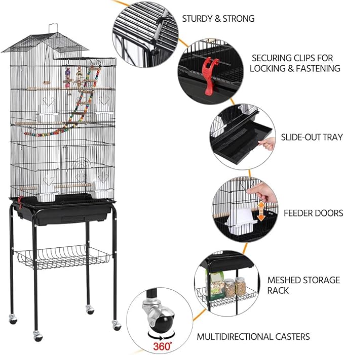 Topeakmart 62.4inch Standing Large Bird Cage with Rolling Stand for Budgies Cockatiels Parakeets Lovebirds Small Birds