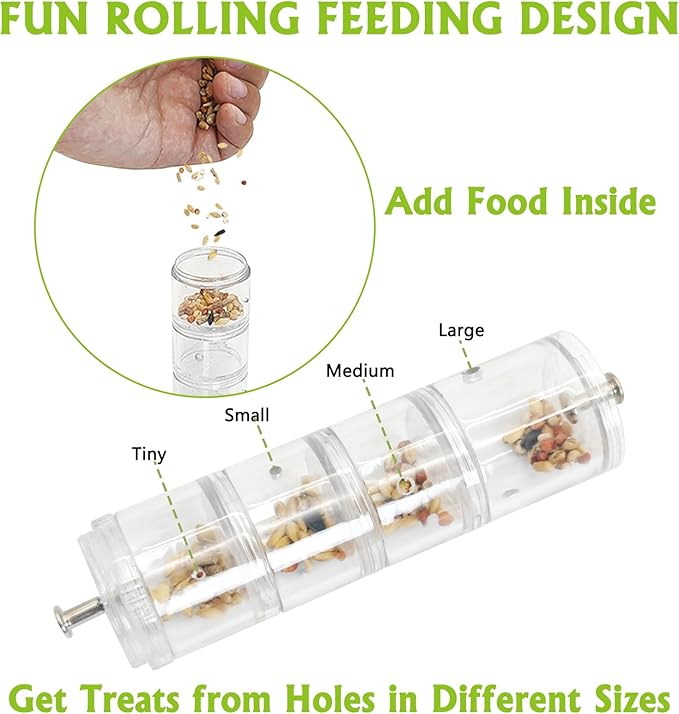 BNOSDM Bird Feeder for Cage with Rotating Foraging Toy No Mess Acrylic Hanging Food & Water Dispenser with Stainless Steel Bowl & Anti-Slip Perch Stand for Parrot, Budgie, Parakeet, Lovebird, Canary