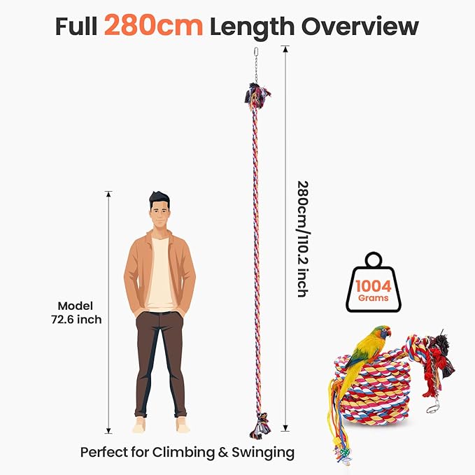 Ultra Long Bird Toys for Large Parrots - 110'' Heavy Duty Cotton Rope Birds Toy Swing, Spiral Hanging Bird Toys with Bell & Acrylic for Macaws, Cockatoos, Greys, Enrichment Parrot Toys