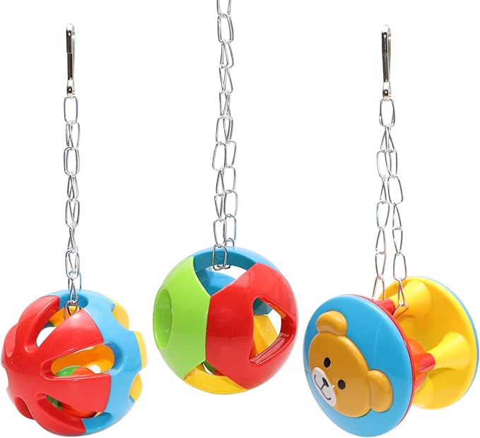 Wontee Bird Hanging Ball with Bell Colorful Chewing Treat Toy for Parrot Parakeet Cockatiel Conure Lovebird Dog Puppy Cat (3 PCS)
