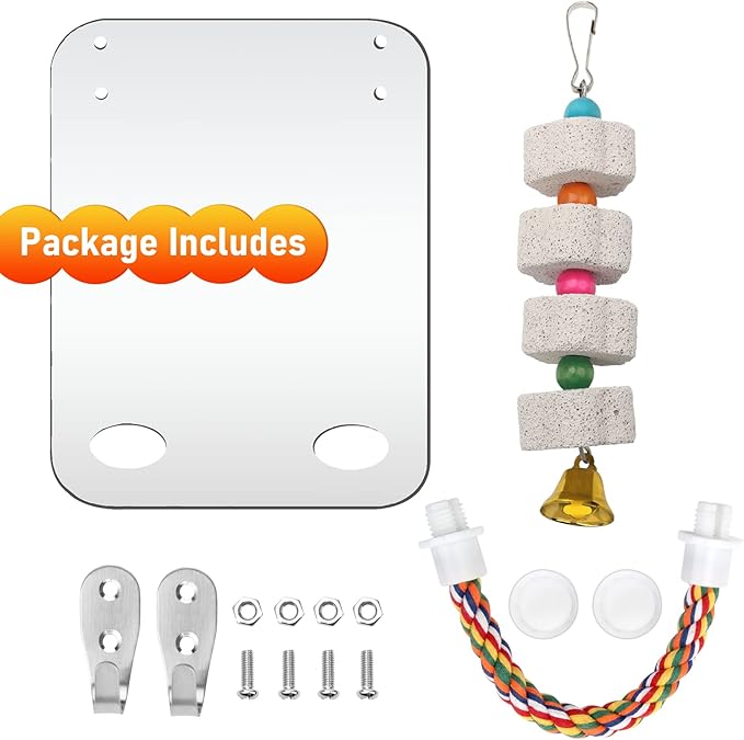 Catcan Bird Cage Mirror, Bird Mirror with Perch Rope for Cage Cockatiels Cotton Rope Standing Bar Parrot Mirror with Parrot Molar Toy Pendant