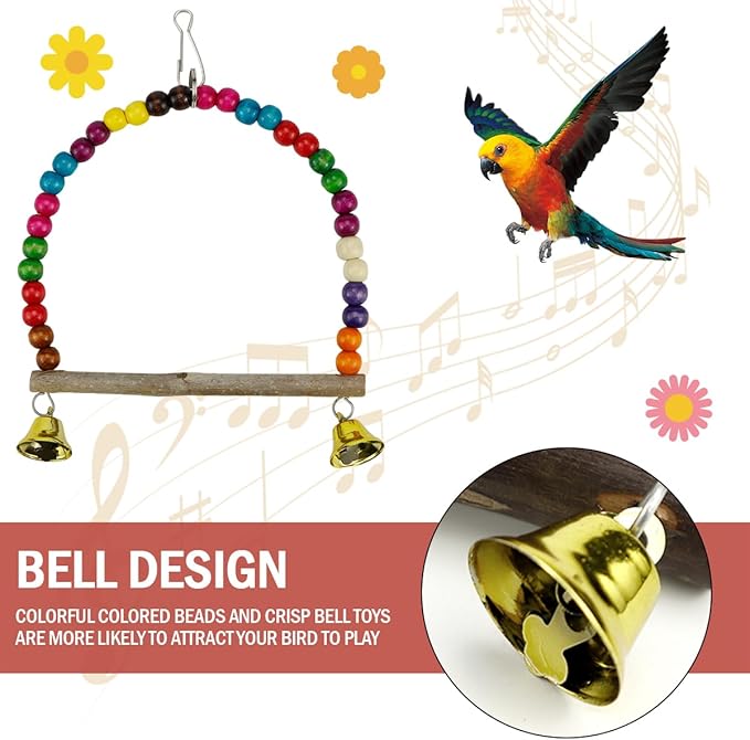 2 Pcs Wooden Bird Swing for Cockatiels Parakeets - Natural Wood Perch Hanging Toy with Colorful Beads Bell, Birdcage Climbing Accessories for Lovebirds Conures Budgies