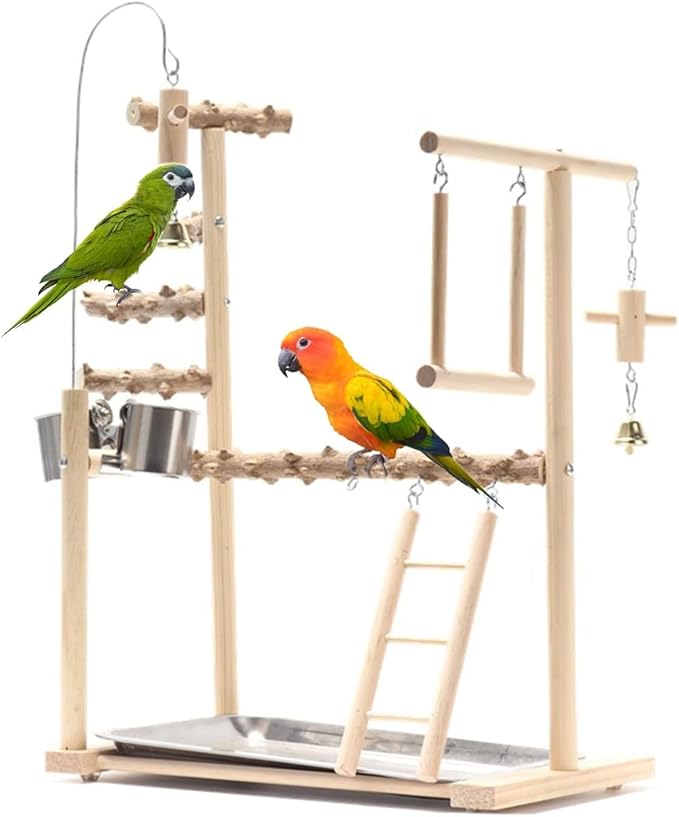 Parrot Bird Playground,Bird Play Gym Wood Perch Stand with Feeder Cups & Tray,Exercise Activity Center with Ladder Swing Bells,Bird Cage Accessories for Lovebirds Cockatiel Parakeet