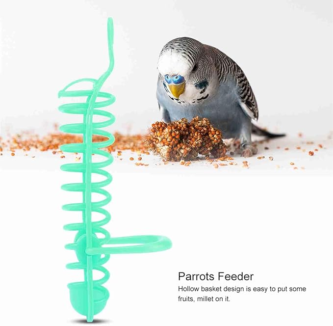 Bird Food Basket for Fruit Vegetable, Plastic Parrots Feeder Hollow Basket, 9.8in Parrot Food Basket for Birds with Perch, Green Parrot Feeding Basket for Bird, 1Pcs