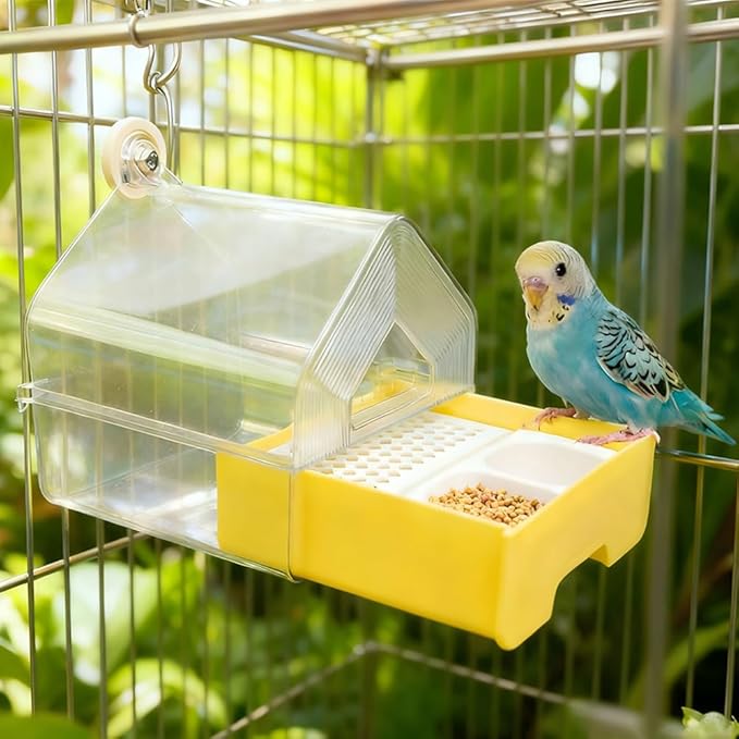 4-in-1 Bird Bath & Feeder for Cage | Easy-Clean Pull-Out Drawer, Leakproof & Transparent Pool | Hanging House & Poop Perch | Parakeets, Lovebirds, Finches