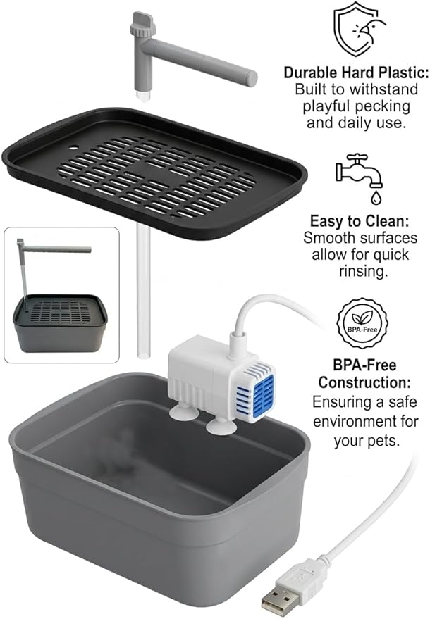 Automatic Parakeet Bird Bath with Pump,Adjustable Water Flow & Parrot Shower,USB Powered Bird Fountain Bathtub for Cage,Quiet Circulating Water System for Budgie,Lovebird (L)