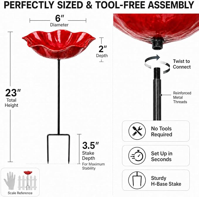 Bird Bath for Outside, Metal Flower Stakes with Bee Watering Station for Garden Decor, Decorative Flower Bath for Yard Patio or Backyard (Orange)