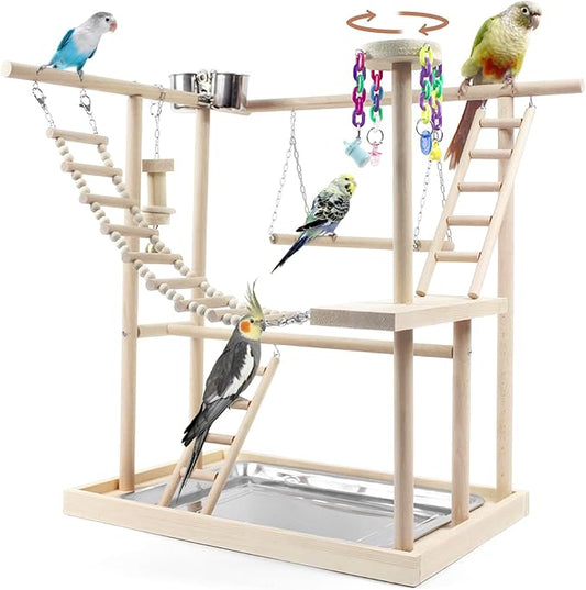 Bird Playground, Parrot Play Stand with 2 Layers of Stand Toys, Playpen for Parakeet Cockatiel Lovebirds, Exercise Playgym with Feeding Cups Stainless Steel