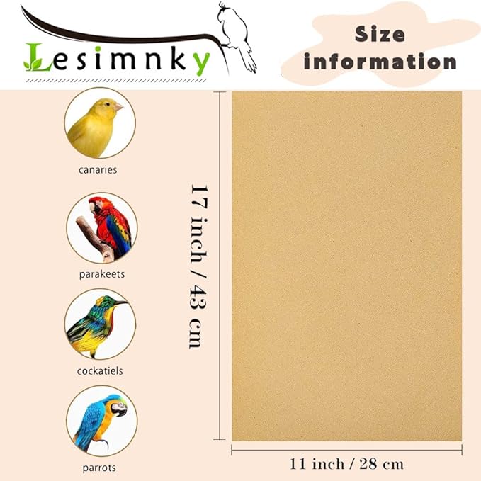 Bird Cage Liner 50-Pack 17” x 11” Gravel Paper Cuttable Pet Sandpaper Special for Bird Cage in Sea Sand, Easy Clean Pet Sandpaper Calcium Paper for Birdcage Parrots Cockatiels (50)