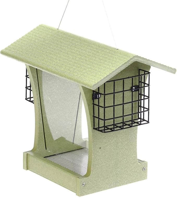 Birds Choice GSHF300S Tall Hopper Feeder with Suet Cages, Recycled Hanging Bird Feeder, 5 Quarts, Green