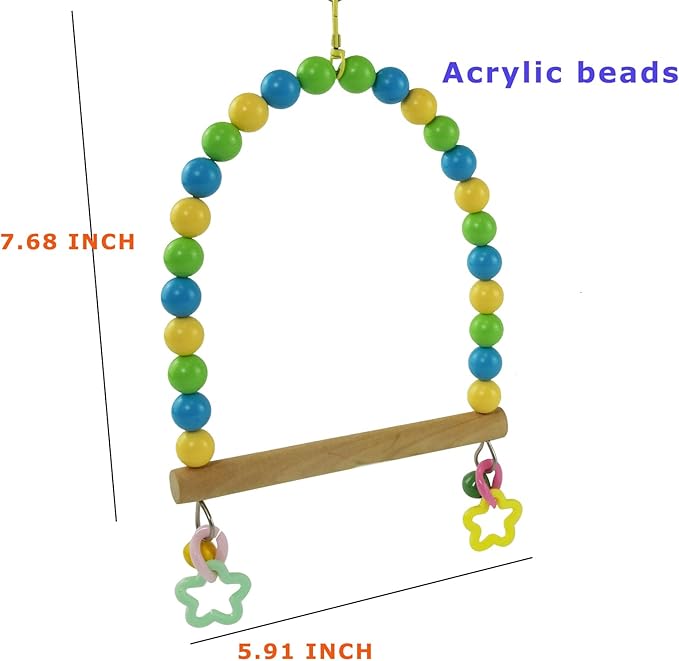 Wooden Bird Swing for Cage Large Parrot Hanging Toys with Colorful Beads Bell Cockatiel Perch Stand Parakeet Climbing Training Toy Playground Gym Birdcage Accessories for Macaws Quaker Conures