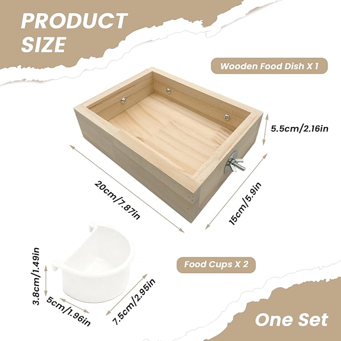 Bird Feeder for Cage, Wooden Food Dish for Small to Medium Birds Parrot, Hanging Plastic Food Water Bowls for Conure, Parakeet, Budgies, Cockatiel, Lovebird