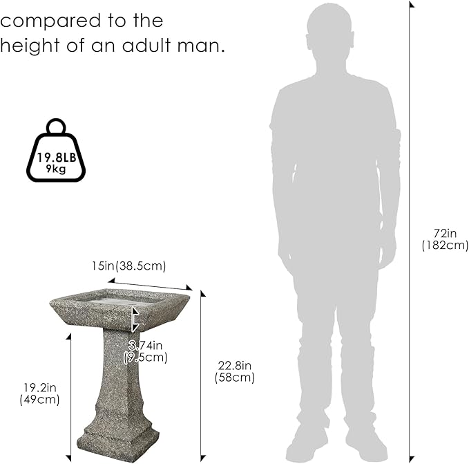 SKYFIRE 22.8" Tall Square Bird Bath, Concrete Freestanding Pedestal Birdbath, Modern Granite-Look Outdoor Bird Bath Bowl for Garden, Patio, Yard & Lawn Decor - 15" Dia. x 22.8" H