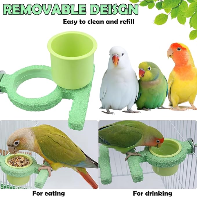 Bird Cage Feeder with Perch Stand Resin Food & Water Cup Holder for Parakeets Cockatiels Lovebirds Finches Small Birds (Green)