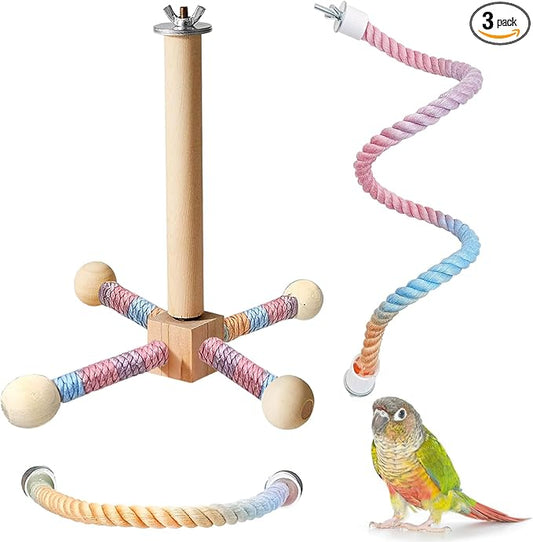 BNOSDM Bird Rope Perch with Stand Perch Toy Set Bendable Rope Perches Wooden Spinning Exercise Wheel Toy Parrot Cage Accessories for Parakeets, Conures, Lovebirds, Budgies, Cockatiels (Rainbow Color)