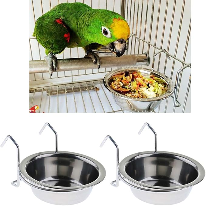 2 Pcs Stainless Steel Bird Parrot Feeding Cups Cage Hanging Bowl, Bird Coop Cups Seed Water Food Dish Feeder Bowl