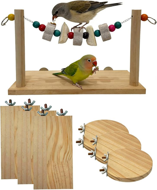 Bird Ledges Wood Sets, Parakeet Wooden Stand Platform with Lava Ledge Blocks Chew Toys Bird Cage Cage Accessories for Finches Canaries Cockatiels Parrot