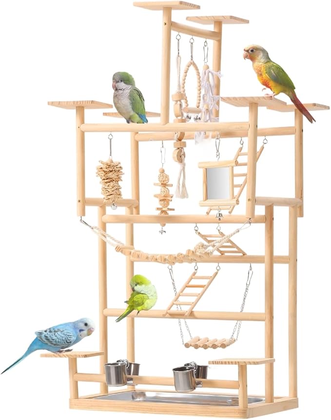 VELVETPAW Bird Playground – 7-Level Natural Wood Parrot Playstand with Feeders & Toys, Modular Two-Tier Bird Play Gym, Detachable Top Tabletop Stand & Detachable Top Tabletop Stand