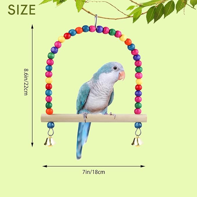 Wooden Bird Swing, 9 Inches Hanging Birds Cage Perches with Playing Bell, Natural Bird Chew Toys Boredom Breaker Bird Toys for Parakeets, Budgie, Cockatiel (Colorful, L)