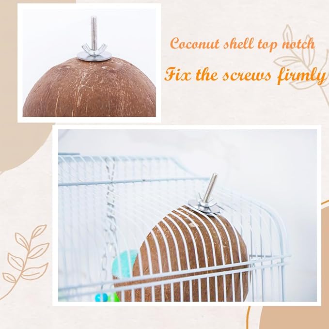 VTurboWay 2 Pack Natural Coconut Shell Parrot Hide Hut Habitat Decor Hanging Nest for Parrot Parakeet Lovebird Finch Canary (with 2 Pcs Warm Pad)