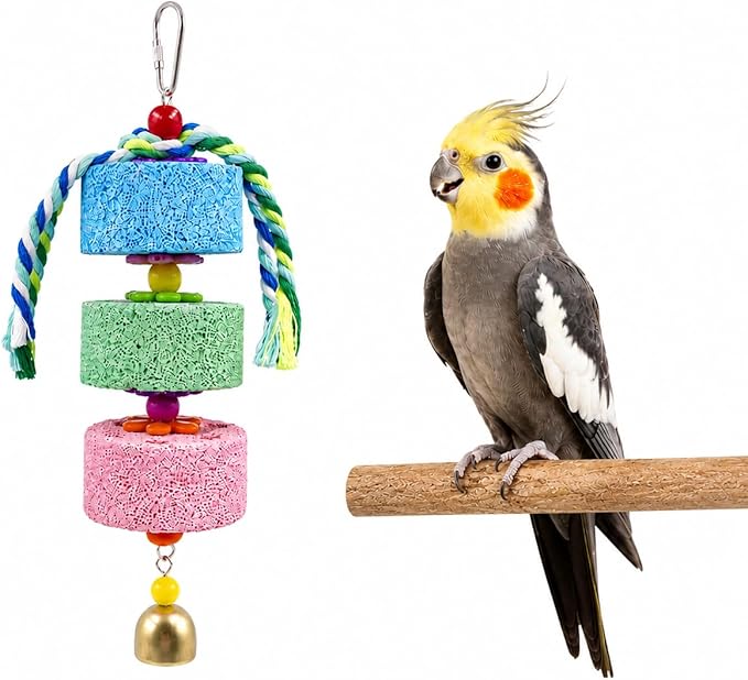 Mineral Block Chew Toys with Colorful Beads and Bell, Bird Beak Grinding Stone, Cage Accessories for African Grey, Budgies, Cockatiels, Small to Medium Birds