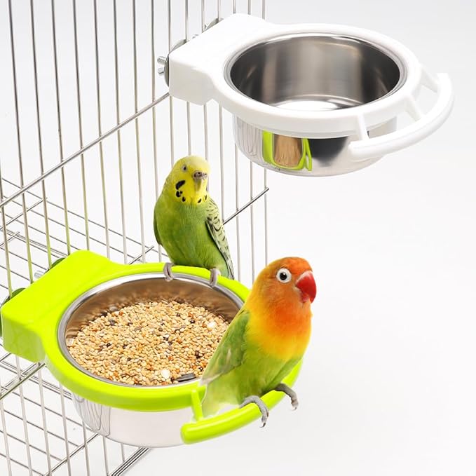 2 Pack Bird Detachable Bowl Stainless Steel Feeder Feeding Dish Water Cup Perch Stand with 2 Pcs Spoon for Bird Parrot Canary Finch Parakeet Budgie Cockatiel Lovebird