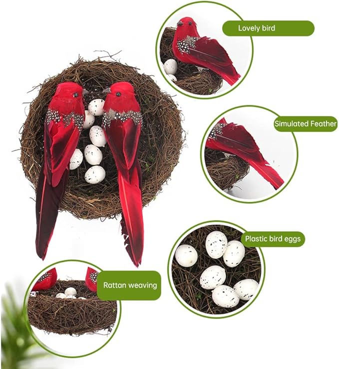 Simulated Feathered Bird - Artificial Birds Rattan Bird Nest Eggs DIY Crafts Ornament Artificial Foam Bird Ornaments Tree Ornaments for Home Garden Wedding