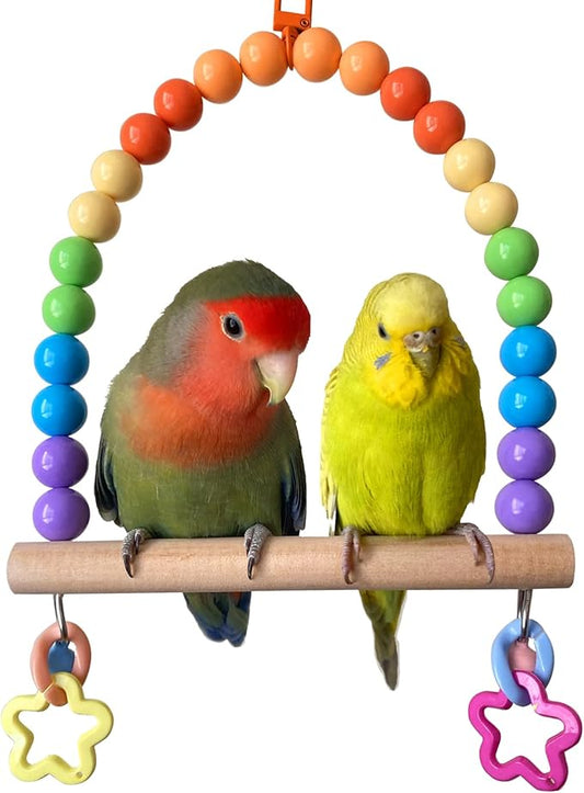 Bird Cage Swings Perch Large Parrot Hanging Toys for Cockatiels, Parakeets Birdcage Wood Stands Rainbow Beads Bell Climbing Training Toy for Lovebirds Conures Budgies Macaws Playground Accessories