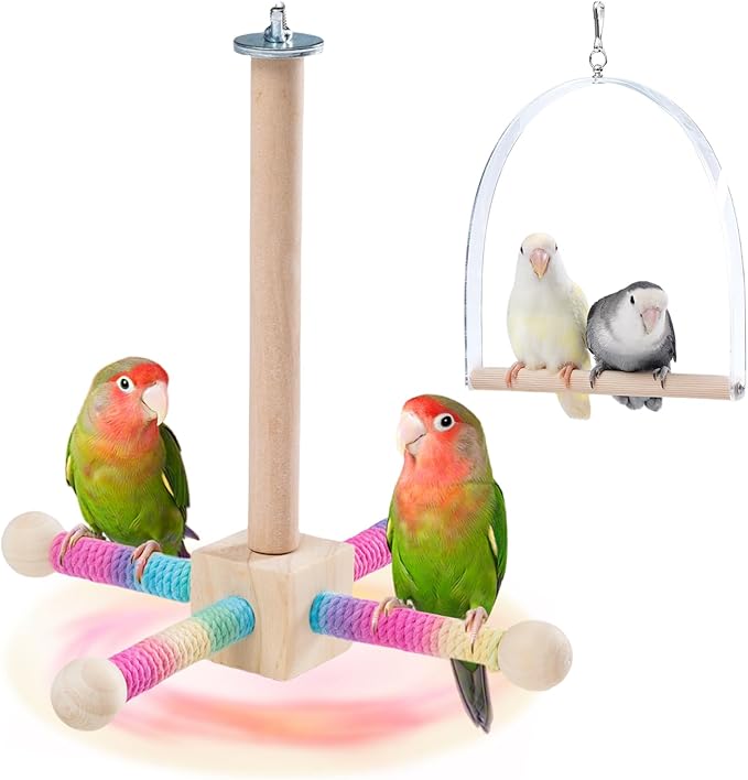 9" Hanging Bird Perch Toy for Cage, 360° Silent Free-Spin, Wooden Bird Cage Accessories, Relieve Boredom Anxiety, for Parrots, Parakeets, Cockatiels, Small to Medium Birds, with Poplar Swing