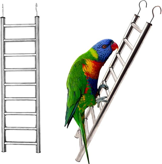 Stainless Steel Bird Ladders 9-Step Parrot Ladder Hanging Bird Cage Climbing Toys with Hooks Birds Exercise Toy for Parakeets, Parrots, Cockatoo，Rust-Resistant and Easy to Clean (1 PCS)