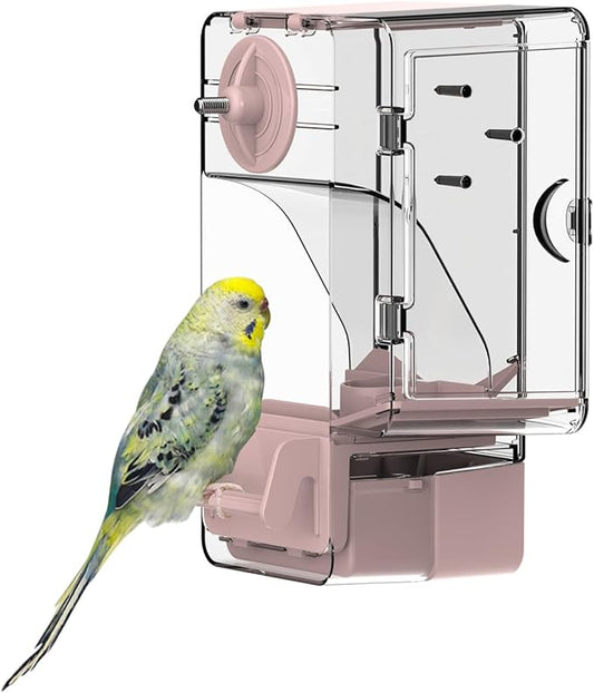 Automatic Bird Feeder, No Mess Bird Cage Feeder with Perch Multi-Functional Holder for Fruits Vegetables for Parakeet Canary Cockatiel Finch (Pink)