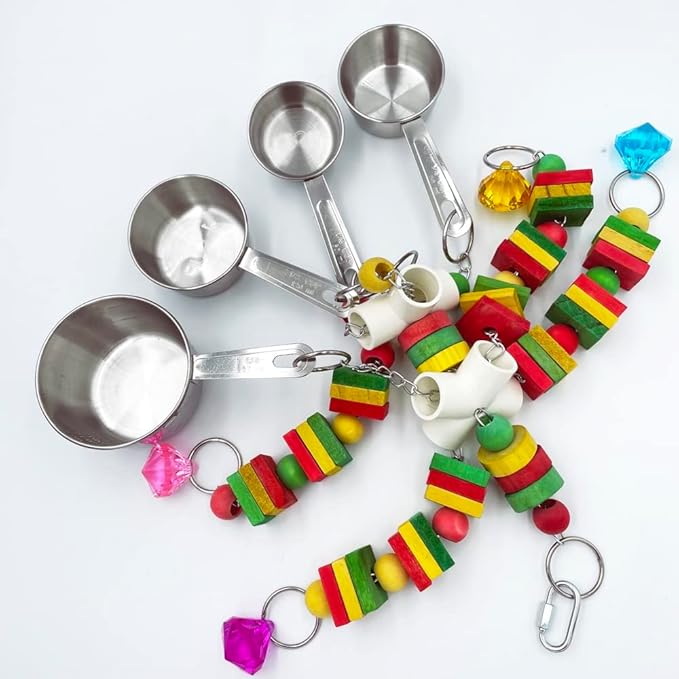Large Parrot Toy, Multicolored Natural Wooden Strings and Stainless Steel Cups Bird Chewing Toys for Medium and Large Parrot Macaws African Grey Cockatoos Eclectus