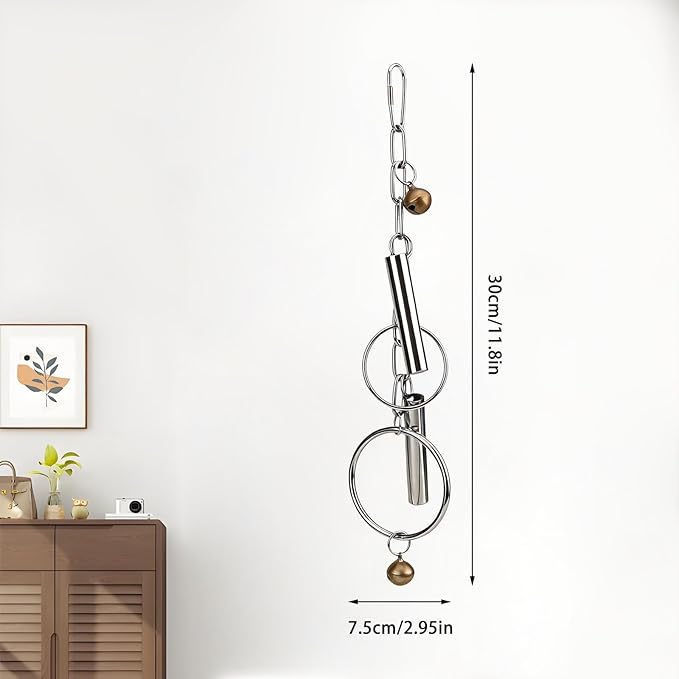 Durable Stainless Steel Bird Bell Toy with Hanging Metal Rings - Heavy Duty Parrot Cage Accessory for Macaws, Cockatoos & Large Birds, Engaging Sound & Chew Resistant Pet Enrichment Toys