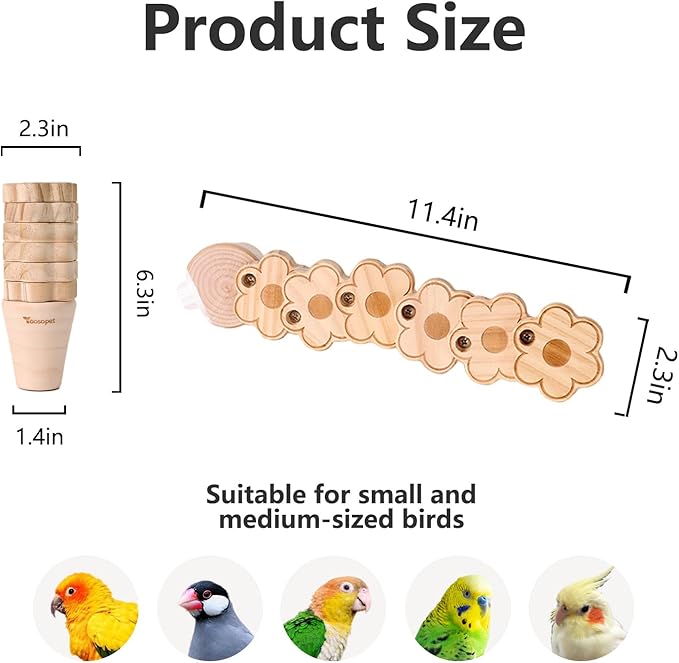 Natural Wood Bird Ladder Perch Toy - Chewable Safe Parrot Climbing Toy for Cockatiel, Finch & Other Small to Medium Birds, Bird Cage Accessories with Easy Screw Installation (Floral Pattern)