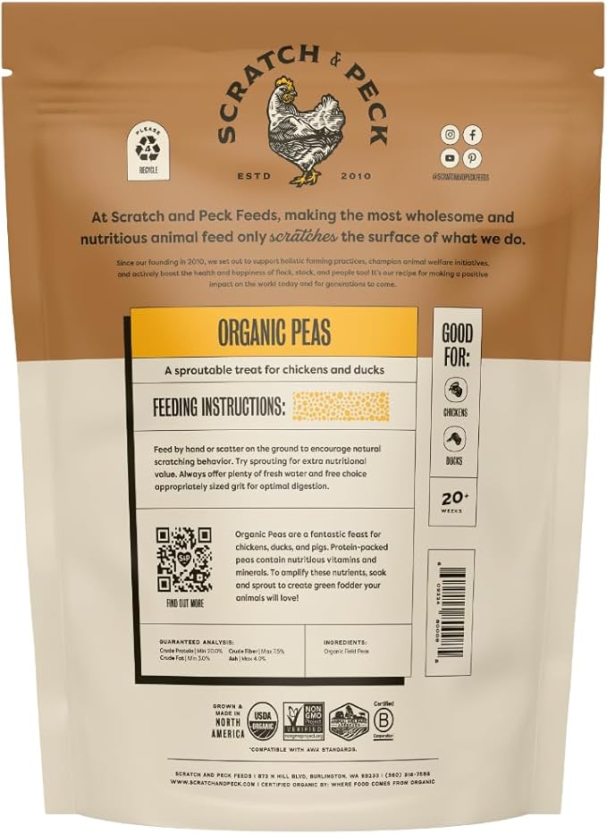 Scratch and Peck Whole Peas Chicken, Duck and Livestock Supplemental Grain - 10 lbs Bag - 20% Protein, Certified Organic and Non-GMO Project Verified Chicken Food