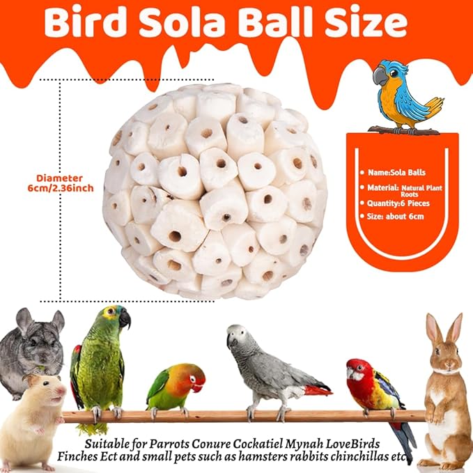 6 Pack Bird Toy Sola Balls, Natural Parrot Soft Chew Shredding & Foraging Toy, Bird Foot Balls for Cockatiel Conure Quaker Budgie Parakeet Bunny Guinea Pig Chinchilla Rabbit