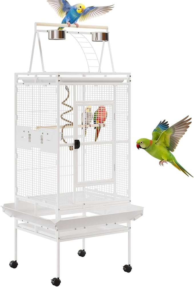 67-Inch Playtop Wrought Iron Large Parrot Bird Cages with Rolling Stand for Cockatiels Parrot Quaker Conure Parakeet Lovebird Canary Small Medium Parrot Cage Birdcage, White
