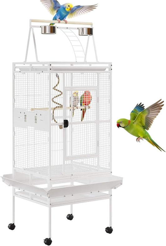 67-Inch Playtop Wrought Iron Large Parrot Bird Cages with Rolling Stand for Cockatiels Parrot Quaker Conure Parakeet Lovebird Canary Small Medium Parrot Cage Birdcage, White