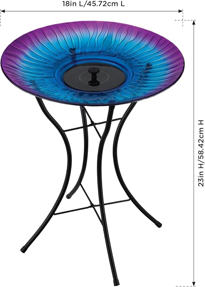 Regal Art & Gift 23" Bird Bath with Fountain - Durable Glass Bowl with Heavy-Duty Metal Stand, Easy to Fill, Ideal for Patio, Porch & Garden Décor - Purple
