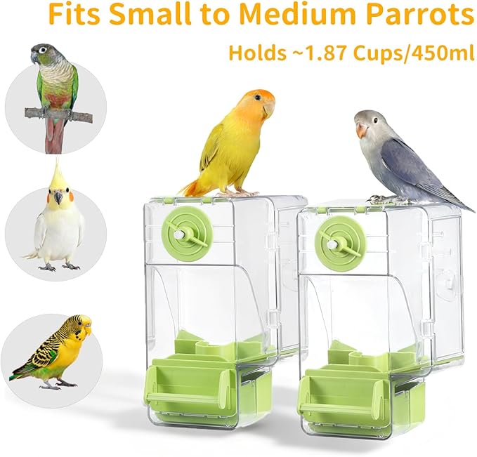No Mess Bird Feeder with Veggie Skewer and Water Bottle Set, 15oz Feeder with Seed Hull Catcher + 4.7oz Leak-Proof Dispenser, Cage Accessories for Cockatiels, Conures, Parakeets, Lovebirds (Green)