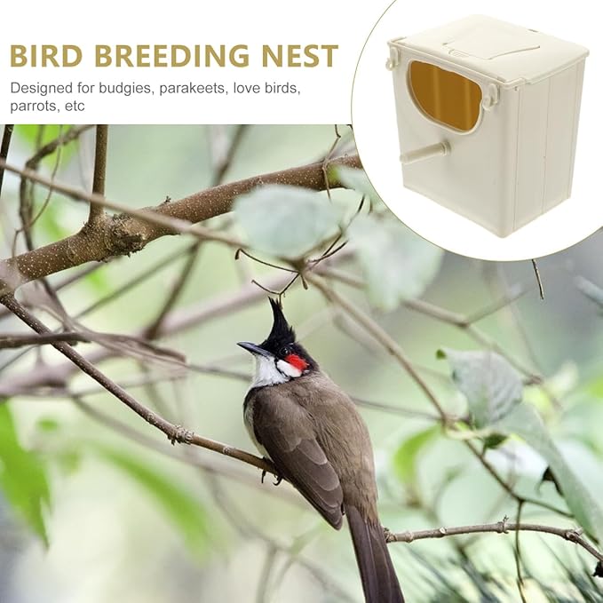 POPETPOP Parakeet Nesting Box Plastic Bird Breeding Nest with Hinged Cover for Bird Cage Mounted Small Birds Like Cockatiels Lovebirds Budgies 5.11X5.11X3.93In Easy to Clean