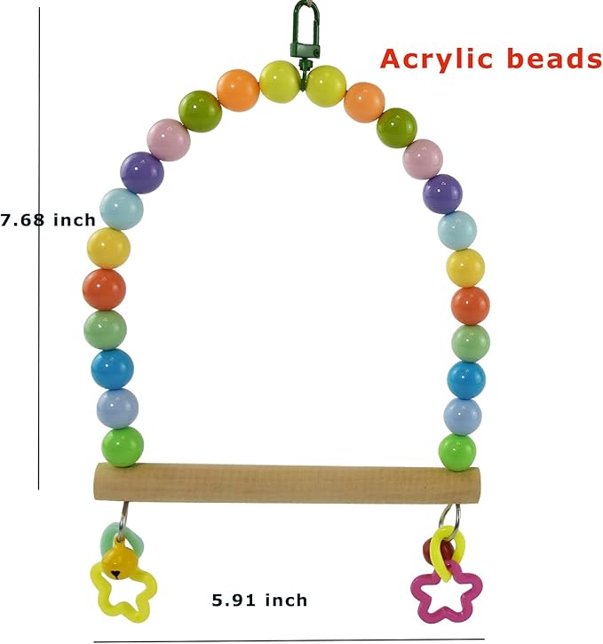 Large Bird Swing for Cage Parrot Wooden Perch Stands Cockatiel Hanging Toy with Bell Parakeet Colorful Beads Climbing Training Toys Playground Birdcage Accessories for Macaws Quaker Conures Lovebirds